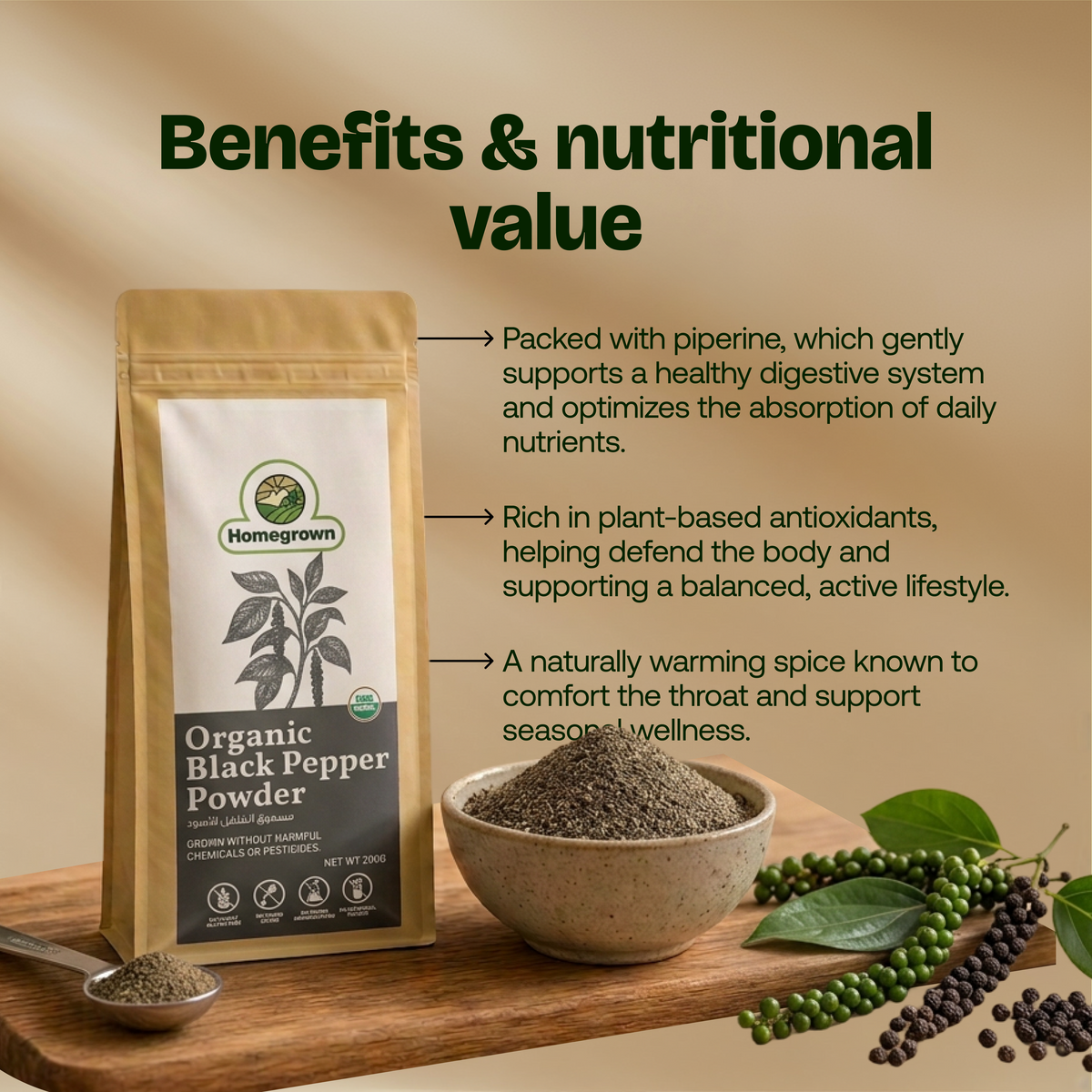 Homegrown Organic Black Pepper Powder (200g)