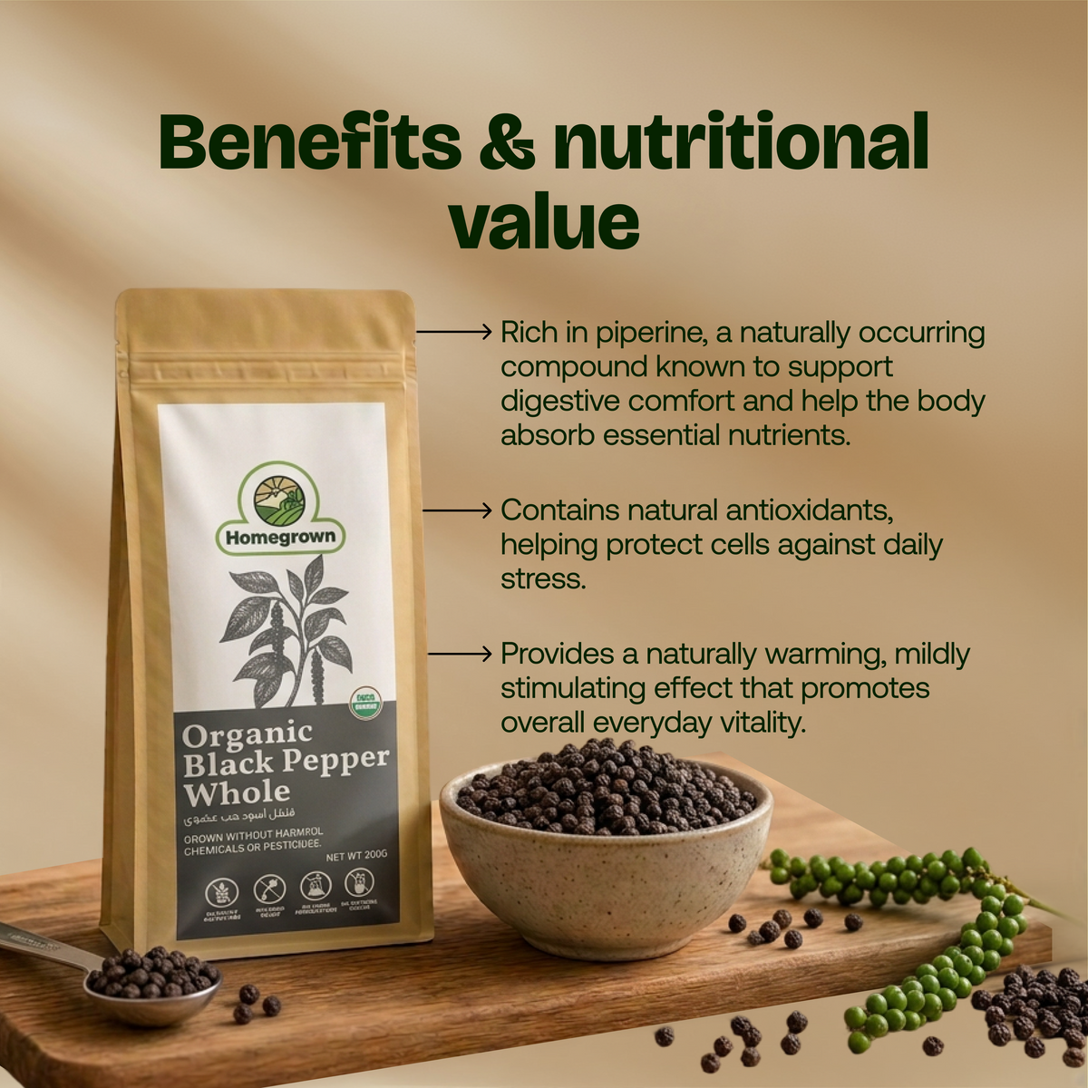 Homegrown Organic Black Pepper Whole (200g)