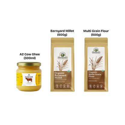 Homegrown Clean Eating Starter Pack: A2 Cow Ghee + Barnyard Millet + Multi Grain Flour