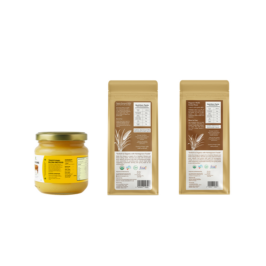 Homegrown Clean Eating Starter Pack: A2 Cow Ghee + Barnyard Millet + Multi Grain Flour