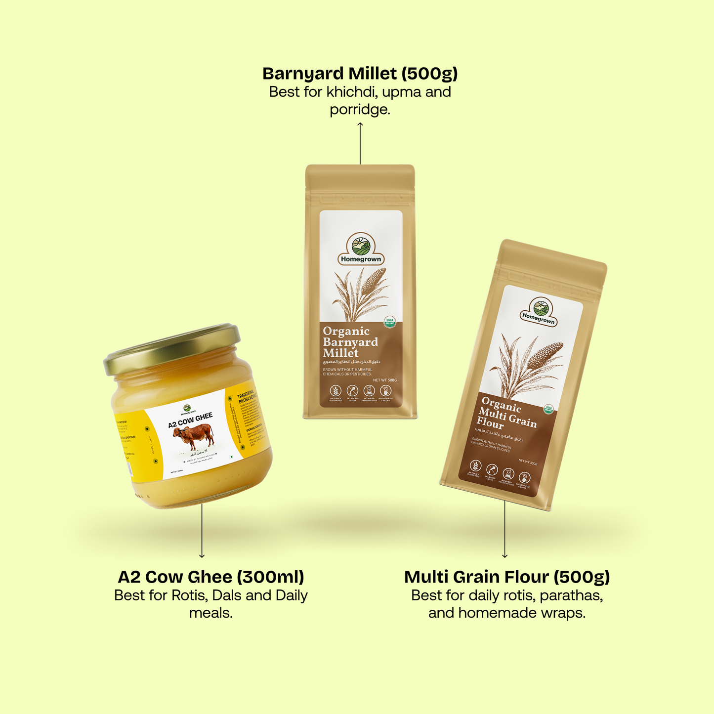 Homegrown Clean Eating Starter Pack: A2 Cow Ghee + Barnyard Millet + Multi Grain Flour
