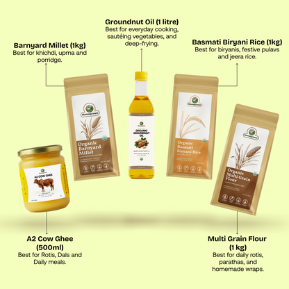 Homegrown Everyday Cooking Kitchen Essentials: A2 Cow Ghee + Groundnut Oil + Basmati Biryani Rice + Multi Grain Flour + Barnyard Millet
