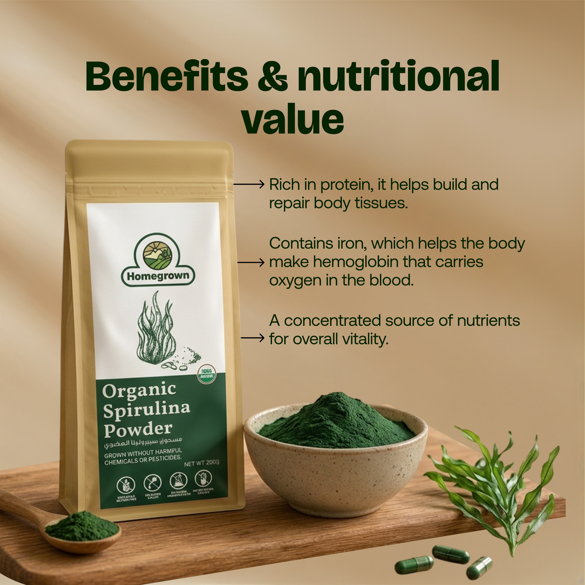 Homegrown Organic Spirulina Powder (200g)