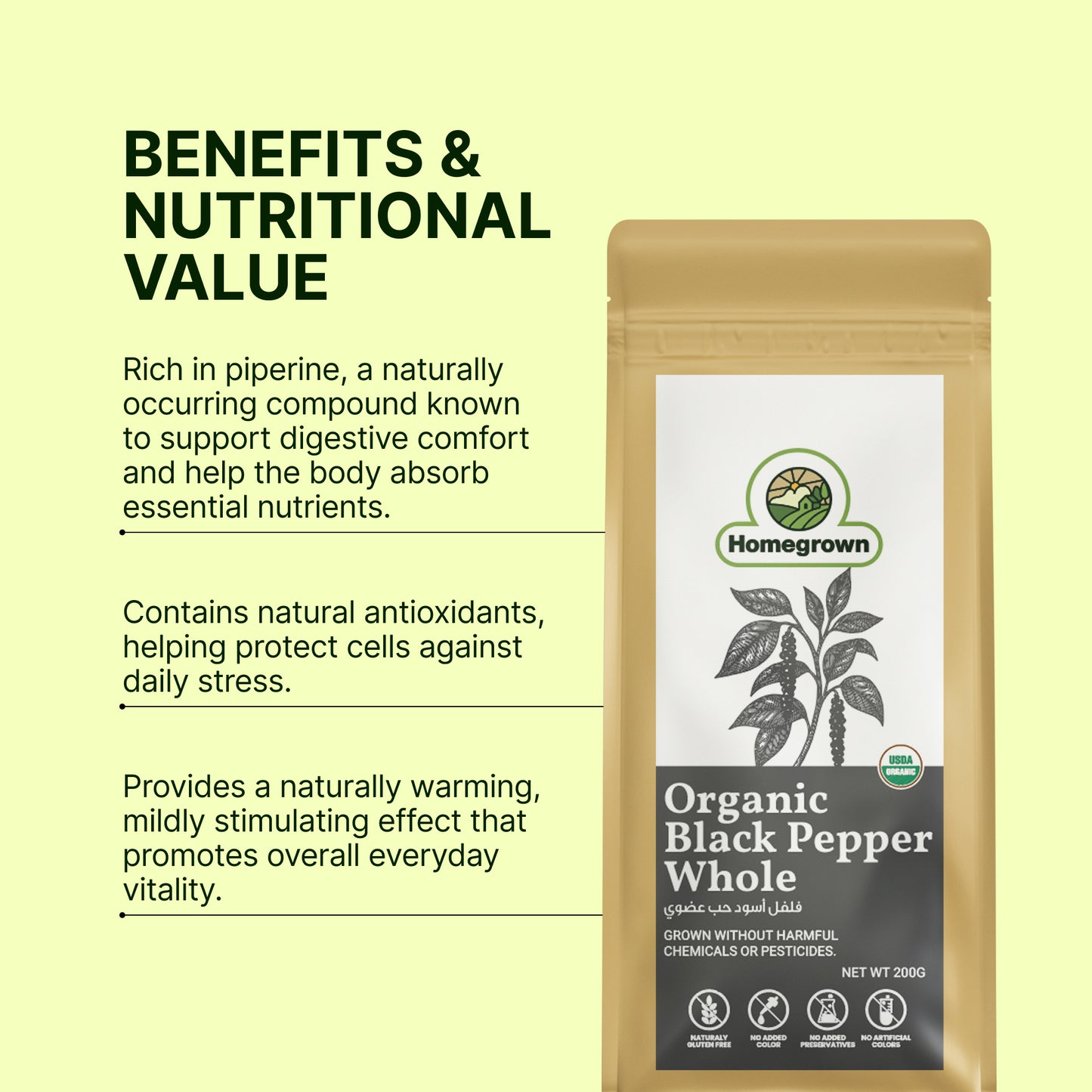 Homegrown Organic Black Pepper Whole (200g)