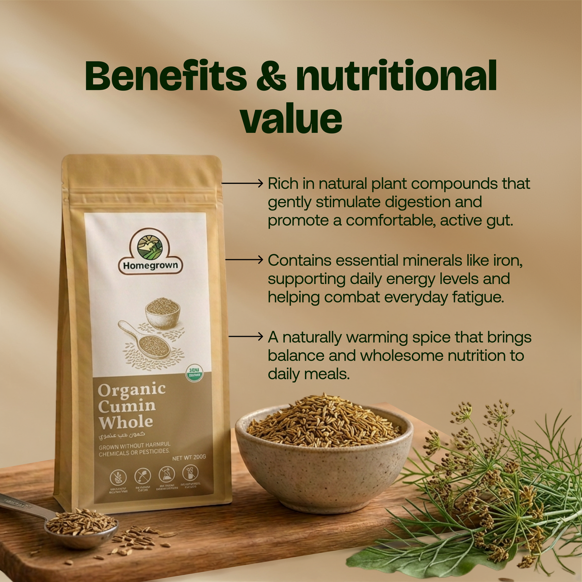 Homegrown Organic Cumin Whole (200g)